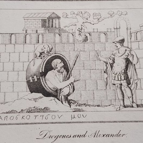 1832 Ατσαλογραφία Διογένης και Μέγας Αλέξανδρος μεταχειρισμένη, 21x13 εκ