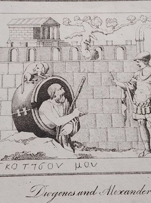 1832 Ατσαλογραφία Διογένης και Μέγας Αλέξανδρος μεταχειρισμένη, 21x13 εκ