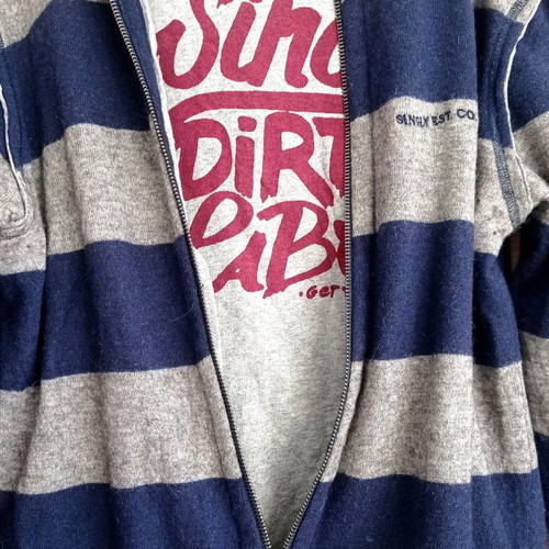 Singly hoodie used, grey with blue stripes, kids Large and women's Medium