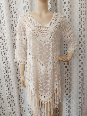 Φόρεμα boho παραλίας κροσέ και δαντέλα σαν καινούργιο, one size, υπόλευκο