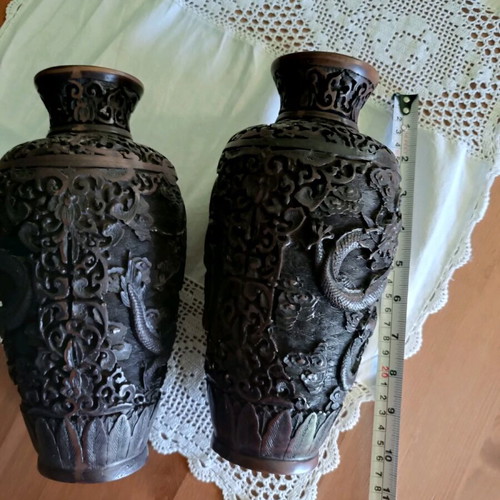 Wooden carved vases like new, solid ebony with dragons and flowers
