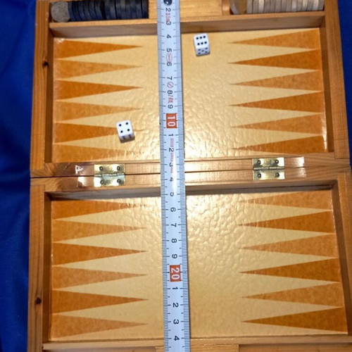 TILI Wooden Travel Backgammon Board like new, 21x13 cm with wooden pieces and dice