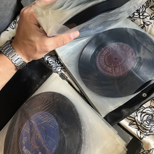 Vinyl 45 rpm records used, two cases with over fifty laiko and rembetika