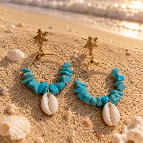 Handmade earrings with turquoise stone, metal starfish and natural white shell