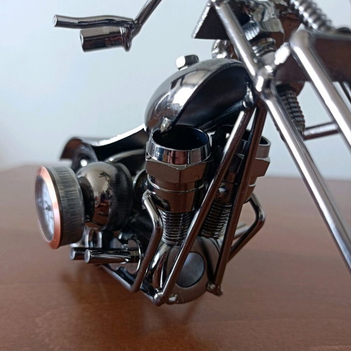 Handmade metal chopper motorcycle with new tabletop clock
