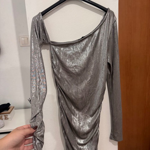 Mini metallic one-shoulder dress, evening, elastic, size Large, like new