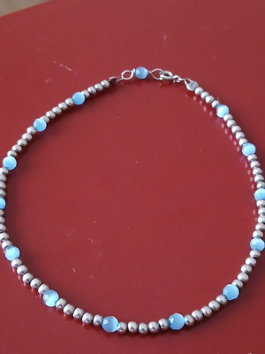 Anklet with 925 silver beads and blue beads, like new, 24 cm diameter