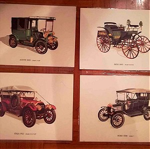 4 αυτοκίνητα της πρώιμης αυτοκίνησης πάνω σε χαρτόνι