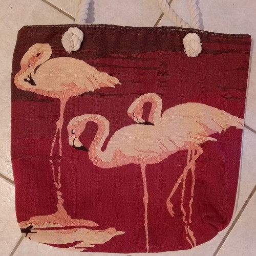 Shoulder beach bag used with flamingo design, beige and red