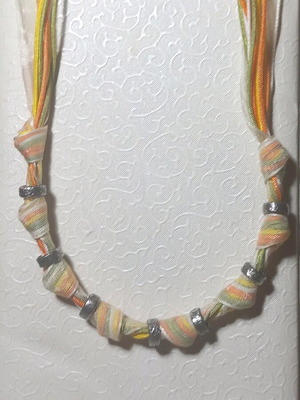 Necklace with 925° silver and colorful silk cords and ribbon new