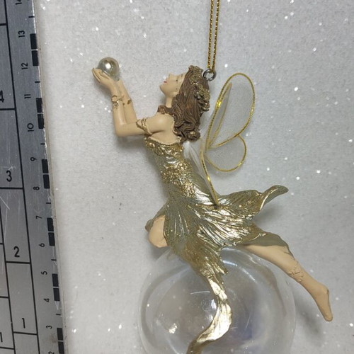 Fairy in glass globe with pearl hanging ornament