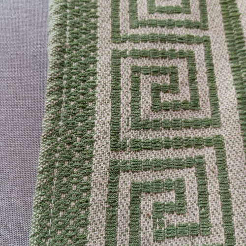 Set of 2 vintage woven blankets with meander pattern, sage green and beige