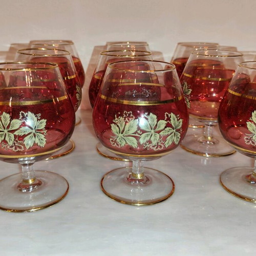 Cognac glasses used, pack of 11, red with gold and green design