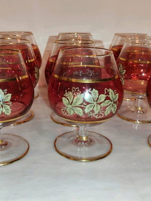 Cognac glasses used, pack of 11, red with gold and green design