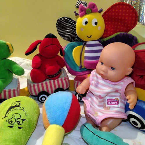 Baby rattles and toys used, set of multiple pieces