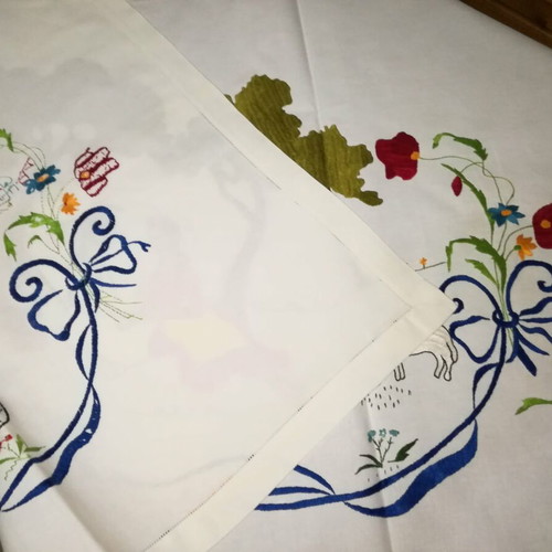 Wall hanging embroidered on cotton fabric, new, traditional engagement scene