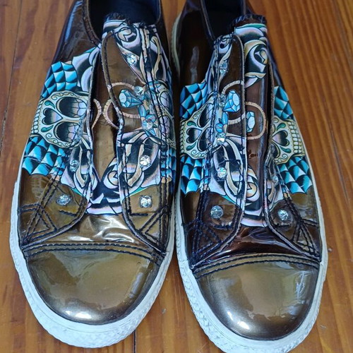 Cristian Audigier sneakers like new, brown patent leather with skull and rhinestones