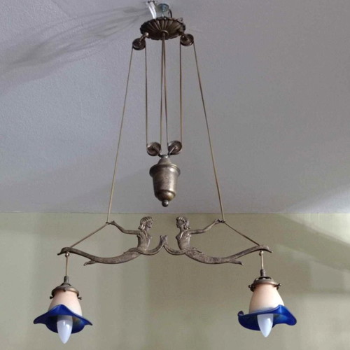 Solid brass two-light ceiling lamp with counterweight and handmade glass
