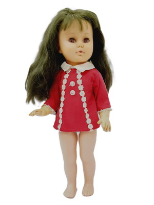 Vintage vinyl doll with glass sleeping eyes, red dress, like new