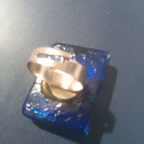 Handmade glass ring in blue and green with gold flakes, new, adjustable