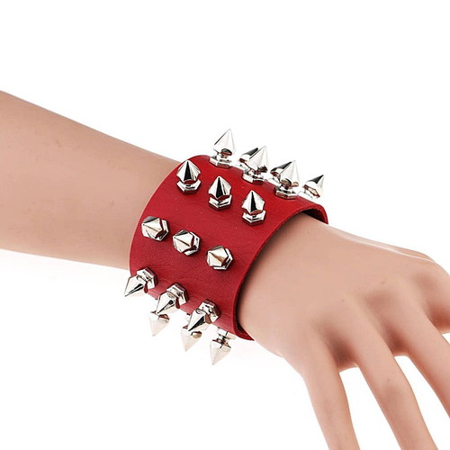 Gothic Metal Style Bracelet with Three Rows of Red Spikes