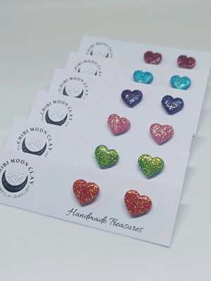 Earrings small glitter hearts handmade, multicolor, new