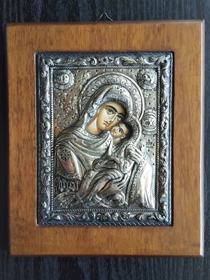 Byzantine Icon of Virgin Mary with 950 Silver on Precious Wood used