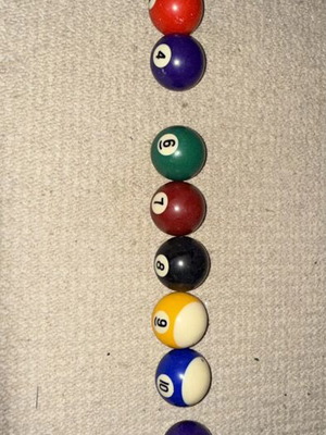 Billiard balls set used, missing 5, 11, 14, medium size