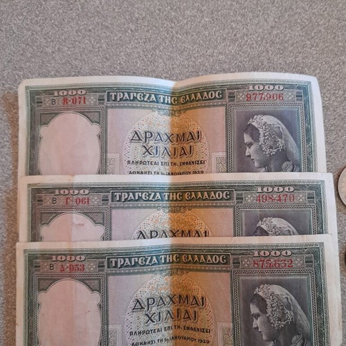 1000 Drachma Banknotes like new, set of 3, Greece 1939