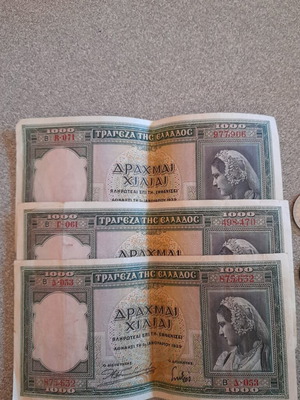 1000 Drachma Banknotes like new, set of 3, Greece 1939