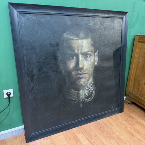 M. Tsakountis portrait oil painting in triple frame