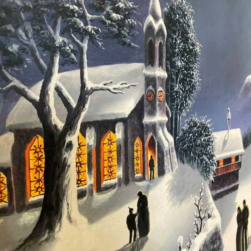Vintage wall painting used with winter landscape in carved frame 90x150