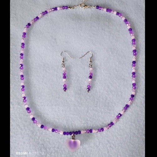 Handmade purple crystal elegant necklace and earrings set
