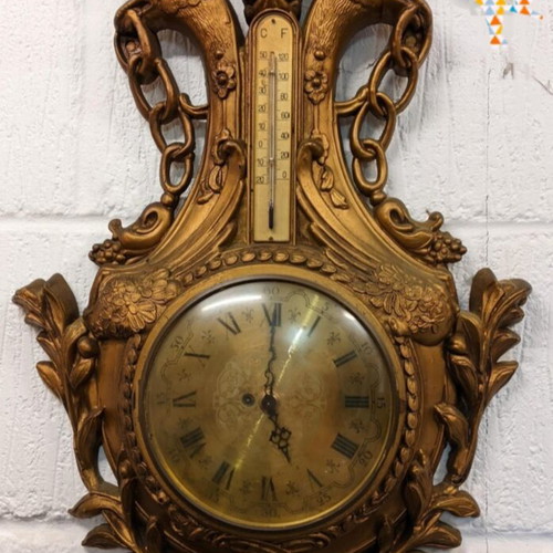 Wall clock Louis XVI style used, mid-20th century, with thermometer