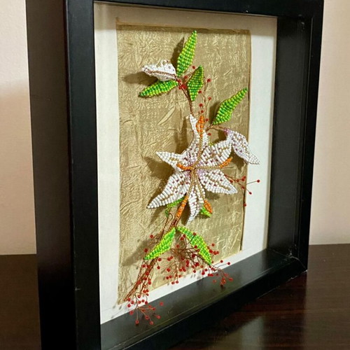 3D Beaded Artwork White Lily Handmade in IKEA Ribba Frame like new