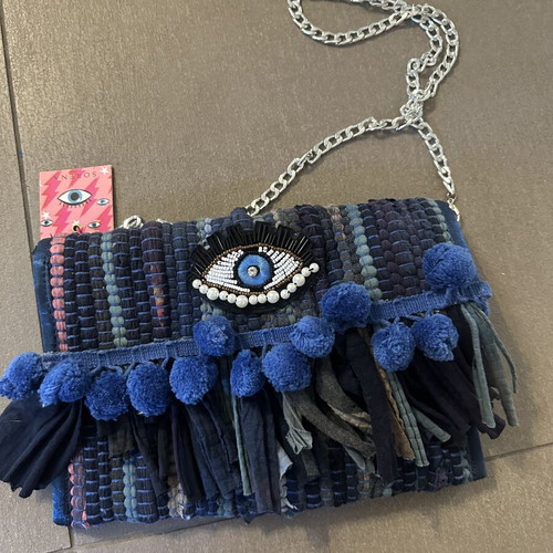 Sorena Handmade blue shoulder bag clutch with eye and chain