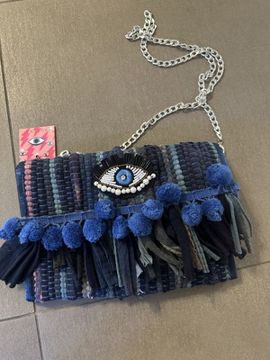 Sorena Handmade blue shoulder bag clutch with eye and chain
