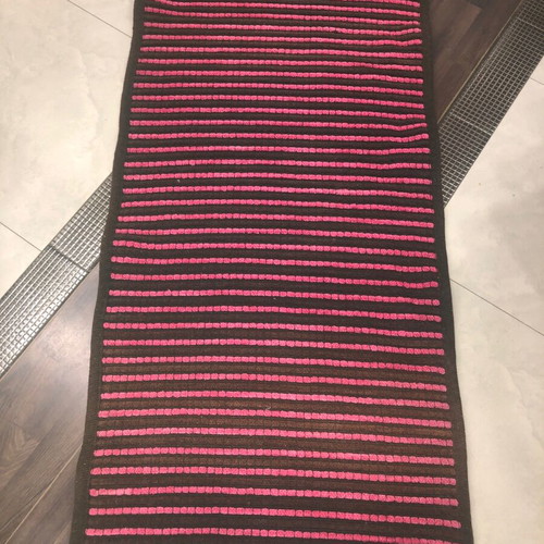 Cotton rug 70x140 brown with fuchsia stripes new