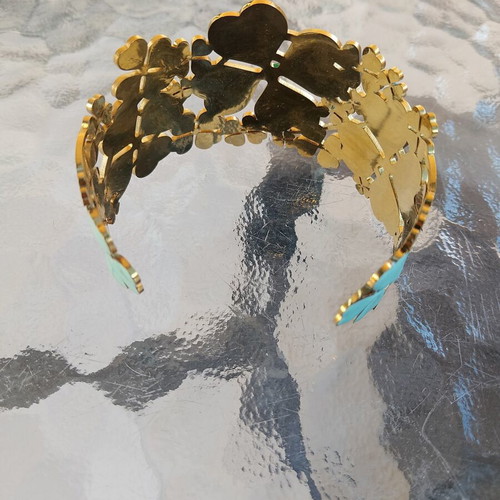 Steel Bracelet Cuff with Green Four-Leaf Clovers, New
