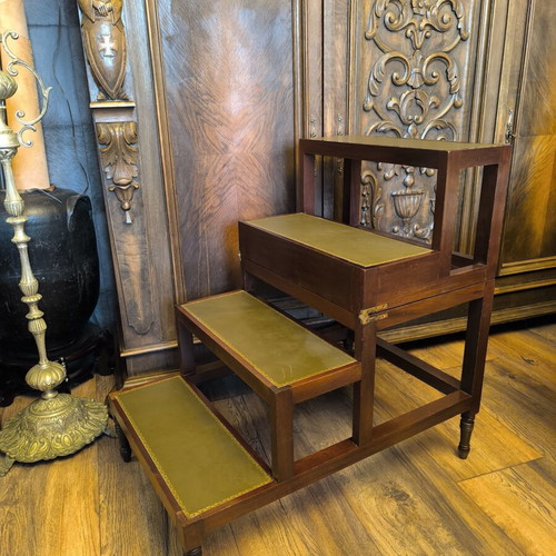 Antique mahogany metamorphic coffee table with leather top and library steps, Georgian style