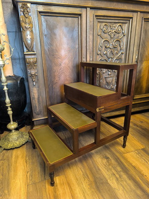 Antique mahogany metamorphic coffee table with leather top and library steps, Georgian style