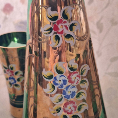 Vintage wine or ouzo serving set, like new, emerald crystal with gold