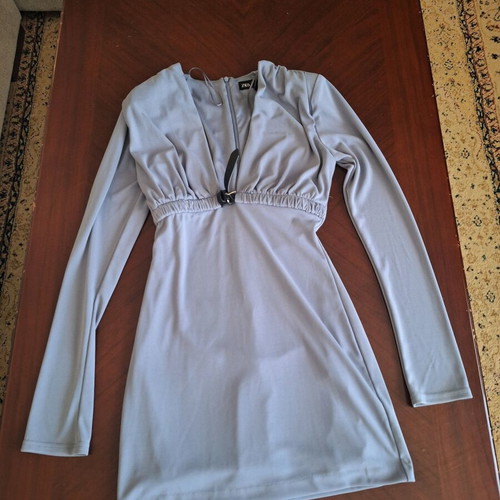 ZARA Mini Dress S Grey like new with Shirring and V Neckline