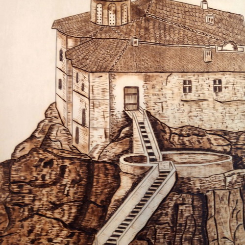 Meteora Rousanou Monastery Pyrography Painting new on linden wood