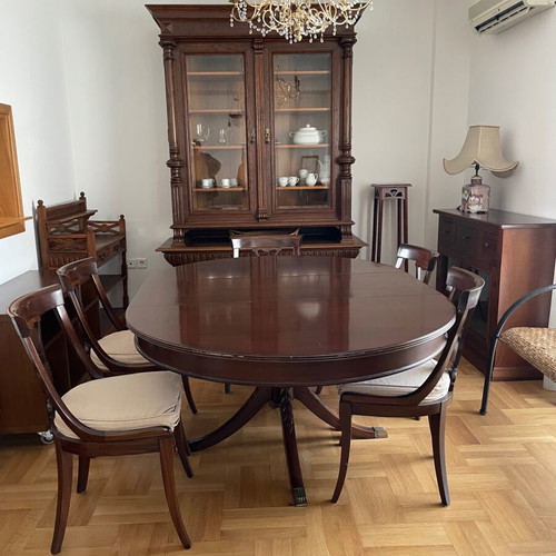 Varagki Dining Set Extendable Round Table With Six Chairs Like New, 1970s