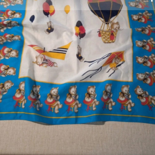 Cotton square scarf with teddy bears like new, white and blue