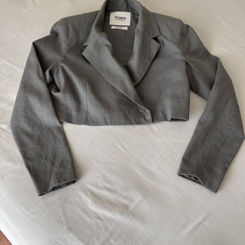 Pull & Bear cropped jacket, grey linen look, 100% cotton