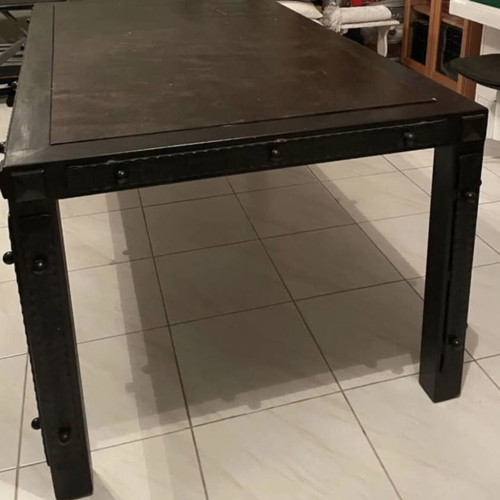 Desk with metal frame and wooden surface, handmade forged iron