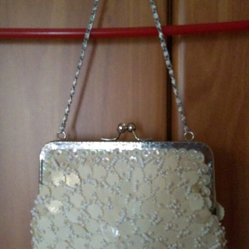 Handmade vintage bag used with chain, embroidered leaves and beads