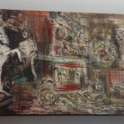 Painting with ancient scenes used on embossed canvas